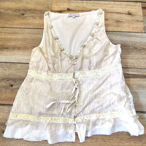 Diableess Silk Boho Tiered Tank Top Women's Medium Beaded Lace Y2K Fairycore